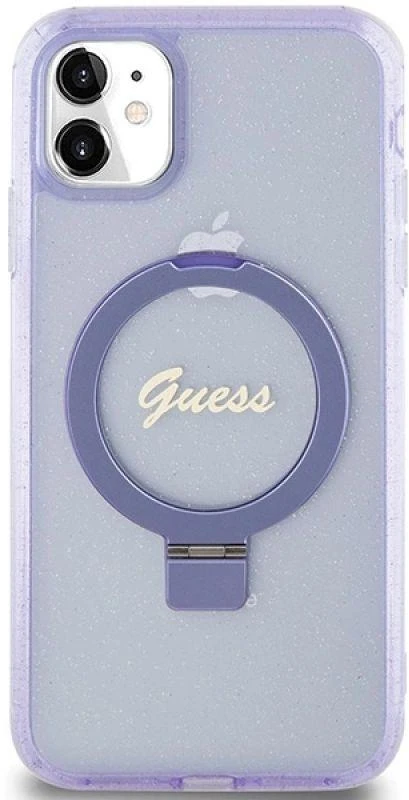 Guess GUHMN61HRSGSU Apple iPhone 11 / Xr 6.1″ violetinės spalvos kietas dėklas Ring Stand Script Glitter MagSafe