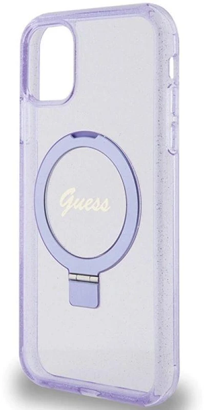 Guess GUHMN61HRSGSU Apple iPhone 11 / Xr 6.1″ violetinės spalvos kietas dėklas Ring Stand Script Glitter MagSafe