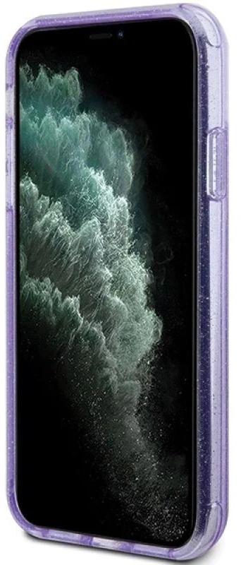 Guess GUHMN61HRSGSU Apple iPhone 11 / Xr 6.1″ violetinės spalvos kietas dėklas Ring Stand Script Glitter MagSafe