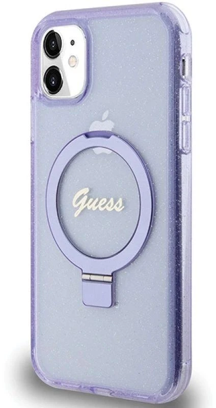 Guess GUHMN61HRSGSU Apple iPhone 11 / Xr 6.1″ violetinės spalvos kietas dėklas Ring Stand Script Glitter MagSafe