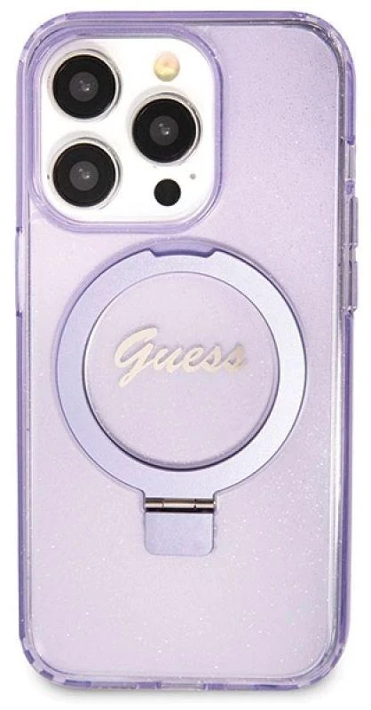 Dėklas GUESS GUHMP14LHRSGU IPHONE 14 PRO 6.1 "purpurinis/purpurinis KIETAS DĖLĖS RING STOVAS SCRIPT GLITTER MAGSAFE