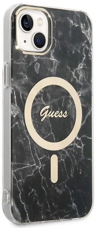 Rinkinys Guess GUBPP14SHMEACSK Case+ Charger iPhone 14 6,1" juodas/juodas kietas dėklas Marble MagSafe