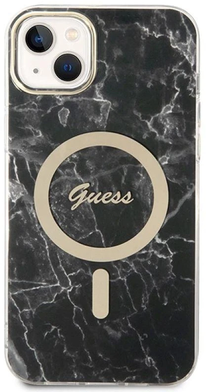 Rinkinys Guess GUBPP14SHMEACSK Case+ Charger iPhone 14 6,1" juodas/juodas kietas dėklas Marble MagSafe