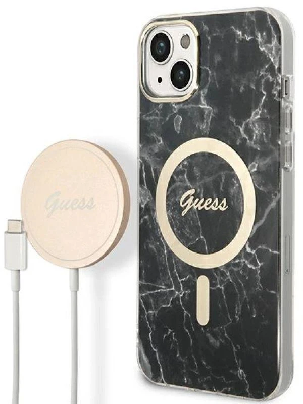 Rinkinys Guess GUBPP14SHMEACSK Case+ Charger iPhone 14 6,1" juodas/juodas kietas dėklas Marble MagSafe