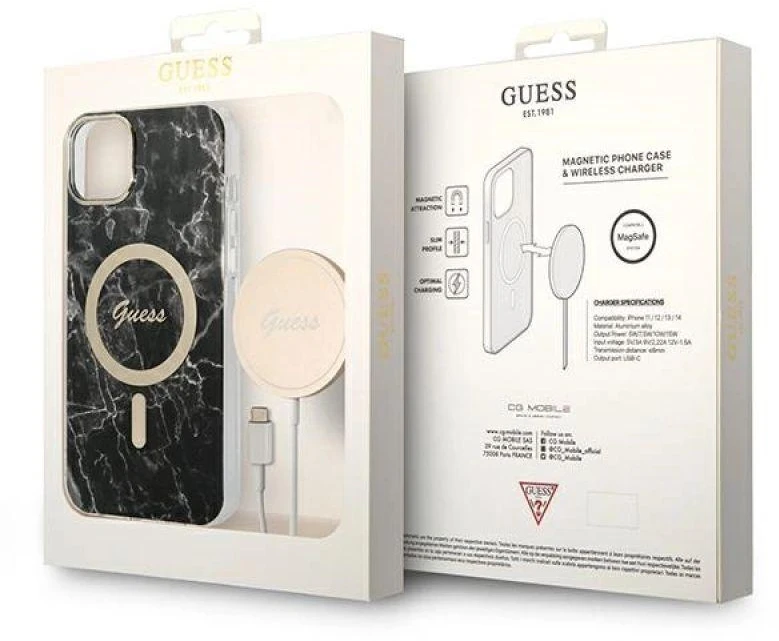 Rinkinys Guess GUBPP14SHMEACSK Case+ Charger iPhone 14 6,1" juodas/juodas kietas dėklas Marble MagSafe