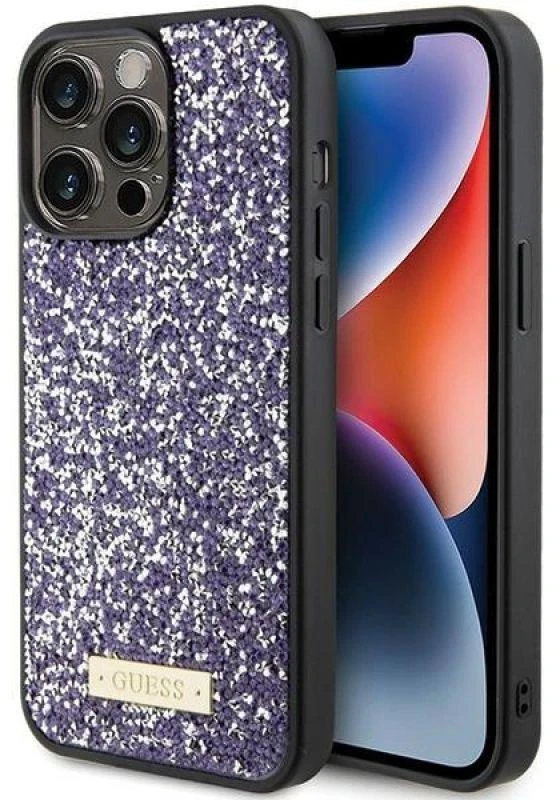 Guess Rhinestone Metal Logo dėklas, skirtas iPhone 15 Pro Max - rožinis