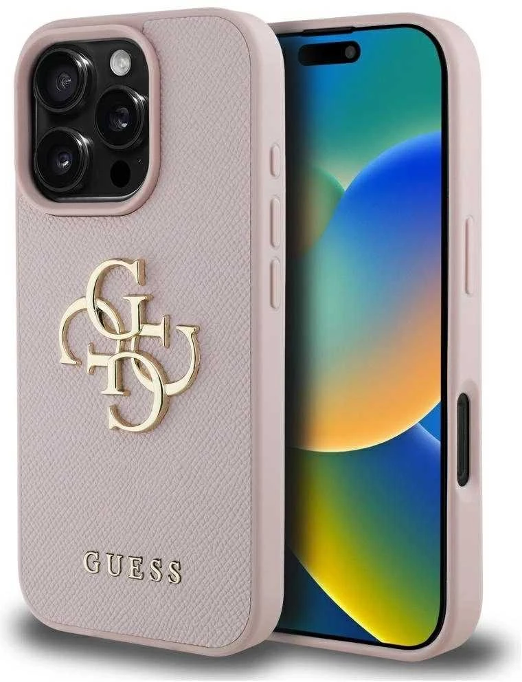 Dėklas Guess Grained Big 4G Logo Small Classic Logo Apple iPhone 16 Pro rožinės spalvos