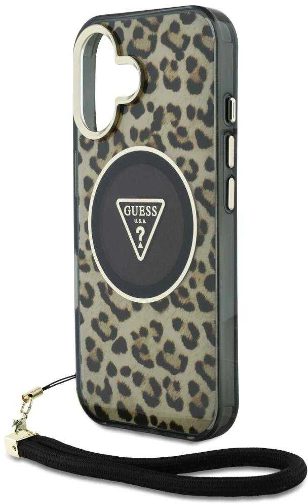 Guess HC IML Leopard Triangle Cord Strap Apple iPhone 16 MagSafe dėklas telefonui