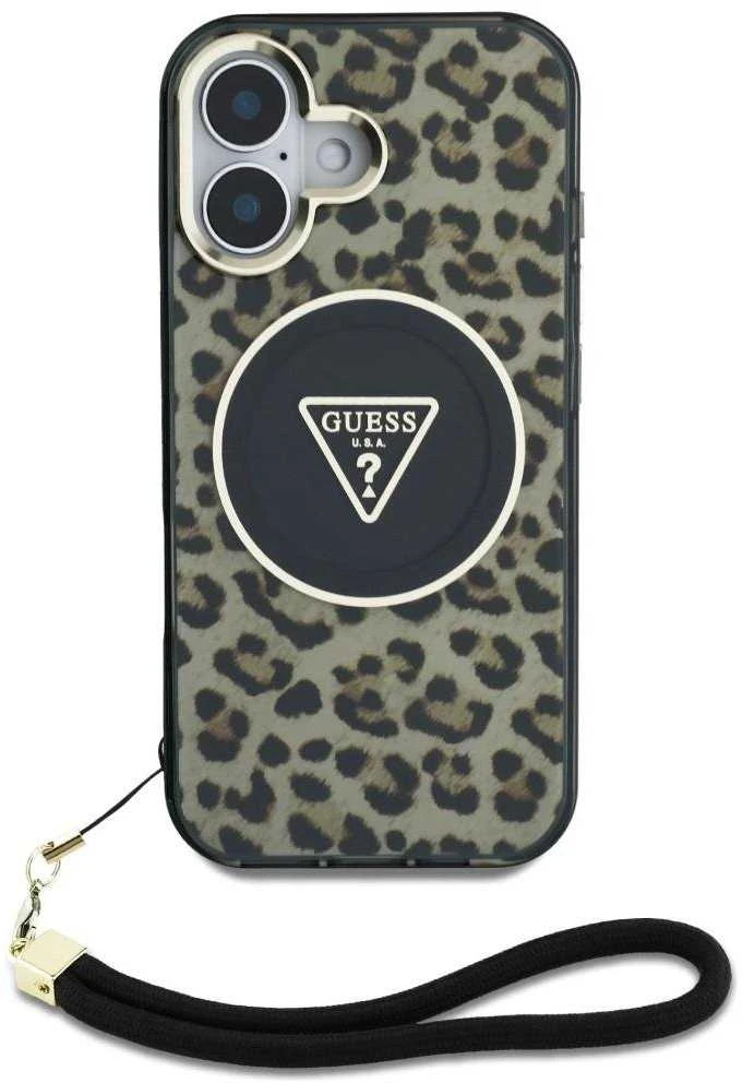Guess HC IML Leopard Triangle Cord Strap Apple iPhone 16 MagSafe dėklas telefonui