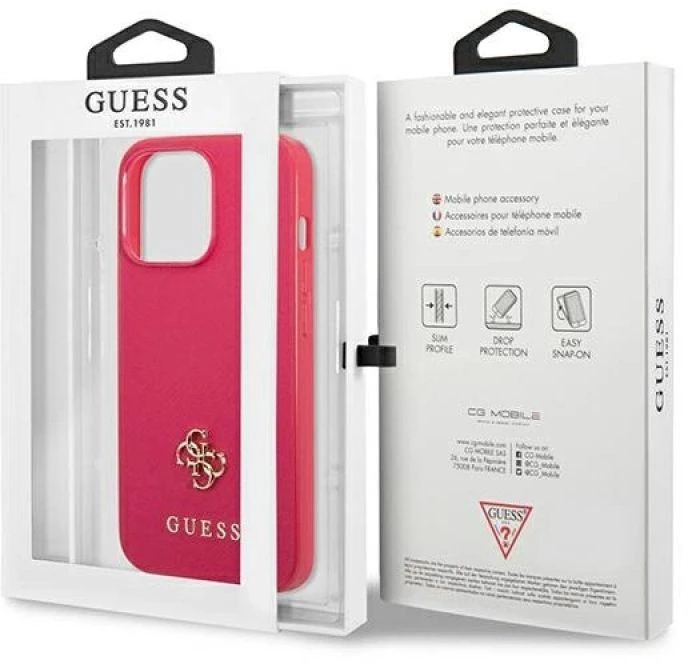 Guess GUHCP13LPS4MF Apple iPhone 13 Pro / 13 6,1″ rožinės spalvos kietas dėklas Saffiano 4G Small Metal Logo