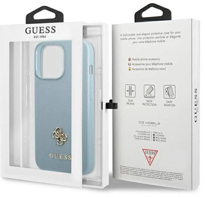Guess GUHCP13XPS4MB Apple iPhone 13 Pro Max 6,7″ mėlynas kietas dėklas Saffiano 4G Small Metal Logo