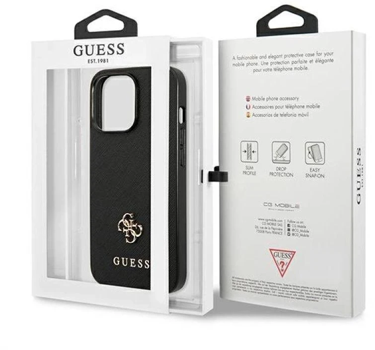 Guess GUHCP13LPS4MK Apple iPhone 13 Pro / 13 6,1″ juodos spalvos kietas dėklas Saffiano 4G Small Metal Logo