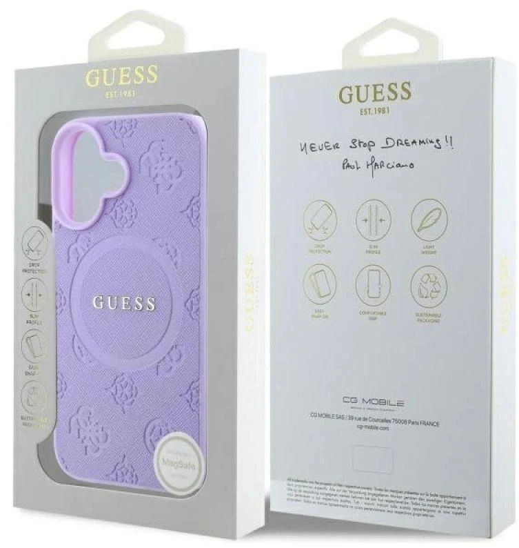 Guess GUHMP16MPSAPSMEU Apple iPhone 16 Plus 6.7″ violetinės spalvos kietas dėklas Saffiano Peony Classic Logo