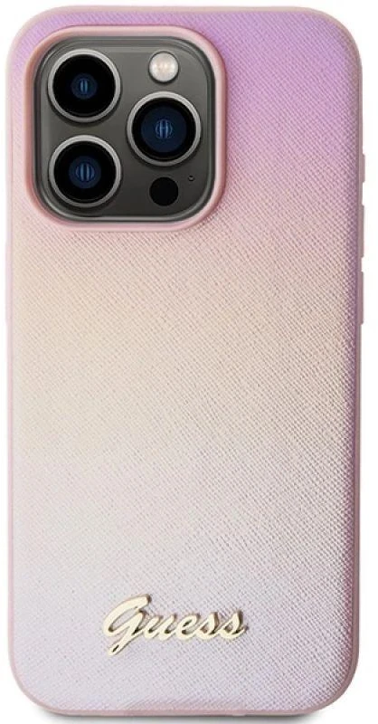 Guess GUHCP14XPSAIRSP Apple iPhone 14 Pro Max 6.7″ rožinės spalvos kietas dėklas Saffiano Iridescent Script