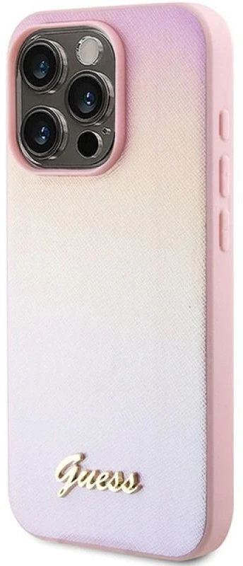 Guess GUHCP14XPSAIRSP Apple iPhone 14 Pro Max 6.7″ rožinės spalvos kietas dėklas Saffiano Iridescent Script