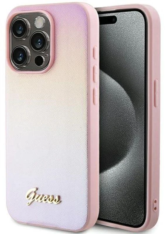 Guess GUHCP14XPSAIRSP Apple iPhone 14 Pro Max 6.7″ rožinės spalvos kietas dėklas Saffiano Iridescent Script