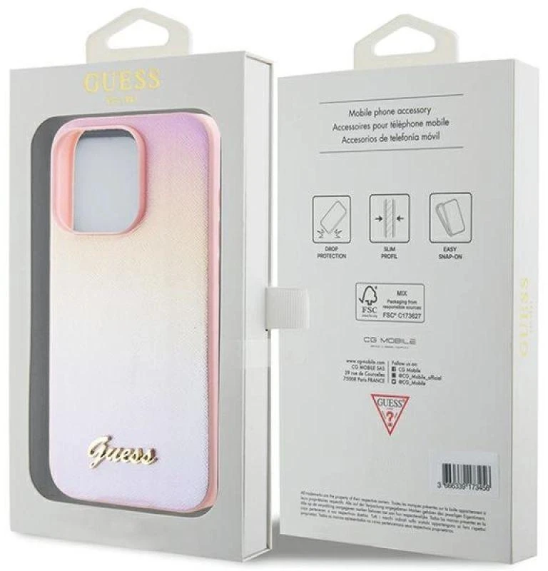 Guess GUHCP14XPSAIRSP Apple iPhone 14 Pro Max 6.7″ rožinės spalvos kietas dėklas Saffiano Iridescent Script