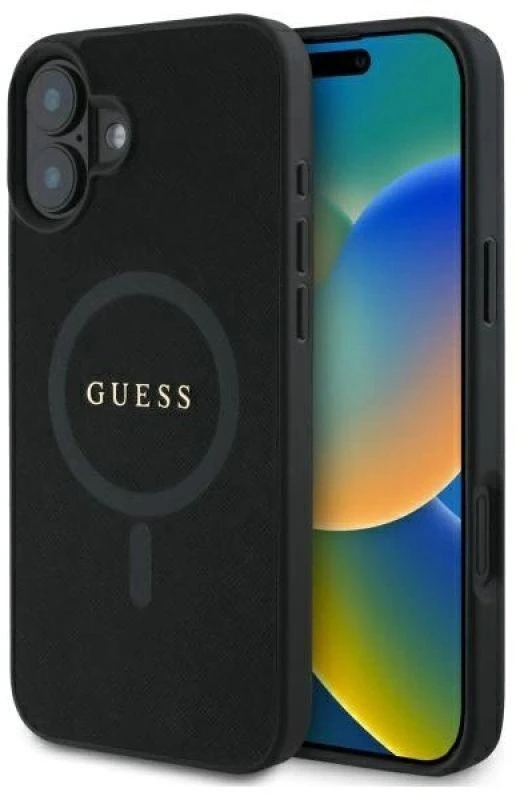 Guess GUHMP16SPSAHMCK Apple iPhone 16 6.1″ juodos spalvos kietas dėklas Saffiano Classic Logo MagSafe