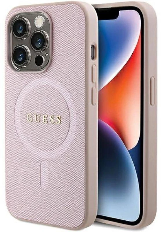Guess GUHMP15LPSAHMCP Apple iPhone 15 Pro 6.1″ rožinės spalvos kietas dėklas Saffiano MagSafe
