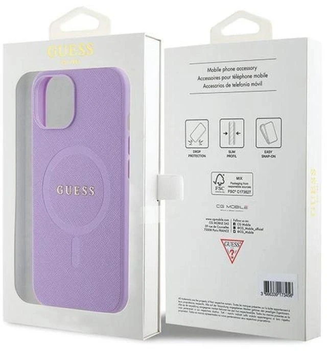 Apple iPhone 15 Plus Guess dėklas Saffiano MagSafe (GUHMP15MPSAHMCU) violetinės spalvos