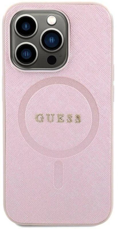 Guess GUHMP15LPSAHMCP Apple iPhone 15 Pro 6.1″ rožinės spalvos kietas dėklas Saffiano MagSafe
