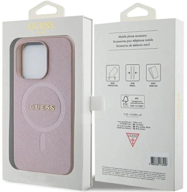 Guess GUHMP15LPSAHMCP Apple iPhone 15 Pro 6.1″ rožinės spalvos kietas dėklas Saffiano MagSafe