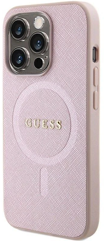 Guess GUHMP15LPSAHMCP Apple iPhone 15 Pro 6.1″ rožinės spalvos kietas dėklas Saffiano MagSafe