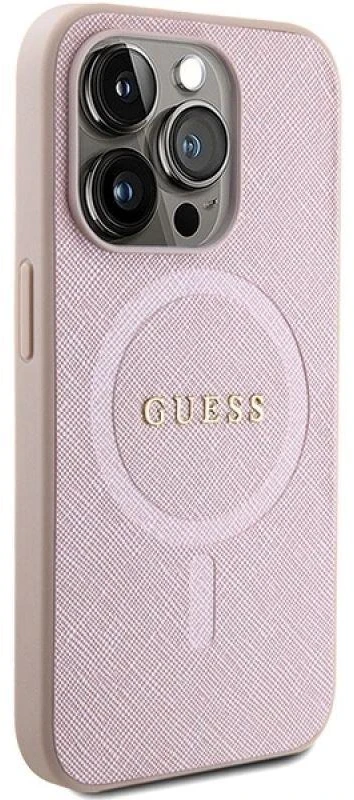 Guess GUHMP15LPSAHMCP Apple iPhone 15 Pro 6.1″ rožinės spalvos kietas dėklas Saffiano MagSafe