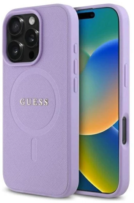 Guess GUHMP16LPSAHMCU Apple iPhone 16 Pro 6.3″ violetinės spalvos kietas dėklas Saffiano MagSafe