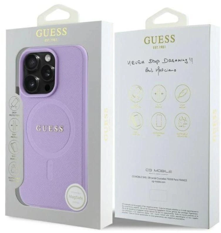 Guess GUHMP16XPSAHMCU Apple iPhone 16 Pro Max 6.9″ violetinės spalvos kietas dėklas Saffiano MagSafe