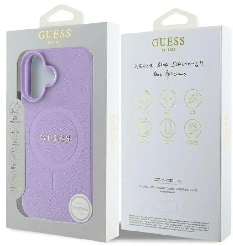 Guess GUHMP16SPSAHMCU Apple iPhone 16 6.1″ violetinės spalvos kietas dėklas Saffiano MagSafe