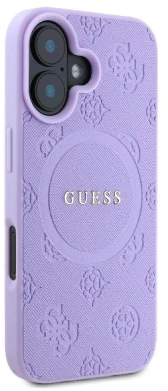 Guess GUHMP16SPSAPSMEU Apple iPhone 16 6.1″ violetinės spalvos kietas dėklas Saffiano Peony Classic Logo MagSafe