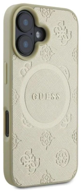 Guess GUHMP16SPSAPSMED Apple iPhone 16 6.1″ auksinis kietas dėklas Saffiano Peony Classic Logo MagSafe