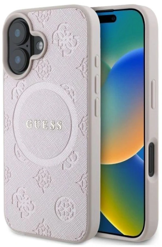 Guess GUHMP16SPSAPSMEP Apple iPhone 16 6.1″rožinės spalvos kietas dėklas Saffiano Peony Classic Logo MagSafe