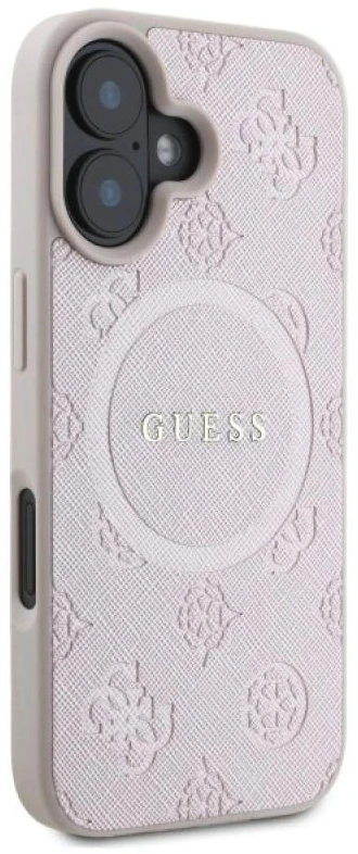 Guess GUHMP16SPSAPSMEP Apple iPhone 16 6.1″rožinės spalvos kietas dėklas Saffiano Peony Classic Logo MagSafe