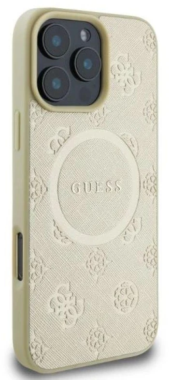 Guess GUHMP16LPSAPSMED Apple iPhone 16 Pro 6.3″ auksinis kietas dėklas Saffiano Peony Classic Logo MagSafe