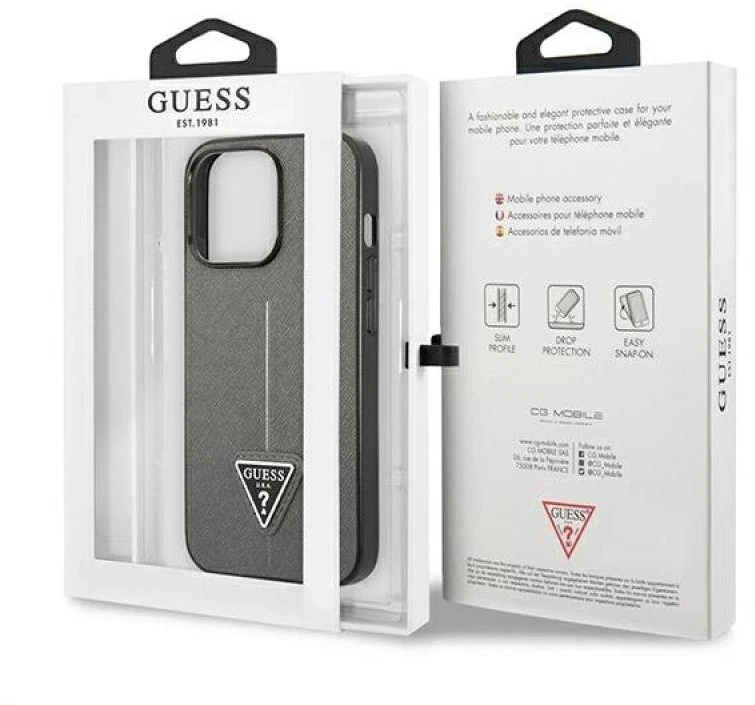 Guess GUHCP13LPSATLG iPhone 13 Pro / 13 6,1 colio sidabrinis kietas dėklas SaffianoTriangle logotipas
