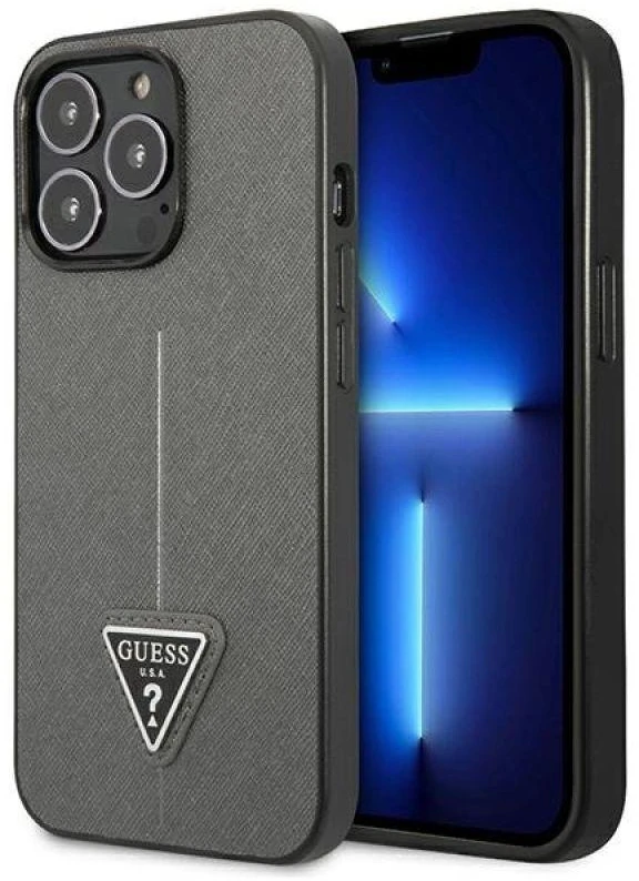 Guess GUHCP13LPSATLG iPhone 13 Pro / 13 6,1 colio sidabrinis kietas dėklas SaffianoTriangle logotipas