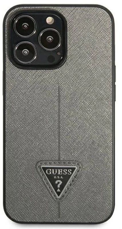 Guess GUHCP13XPSATLG Apple iPhone 13 Pro Max 6,7″ sidabrinis kietas dėklas SaffianoTriangle Logo