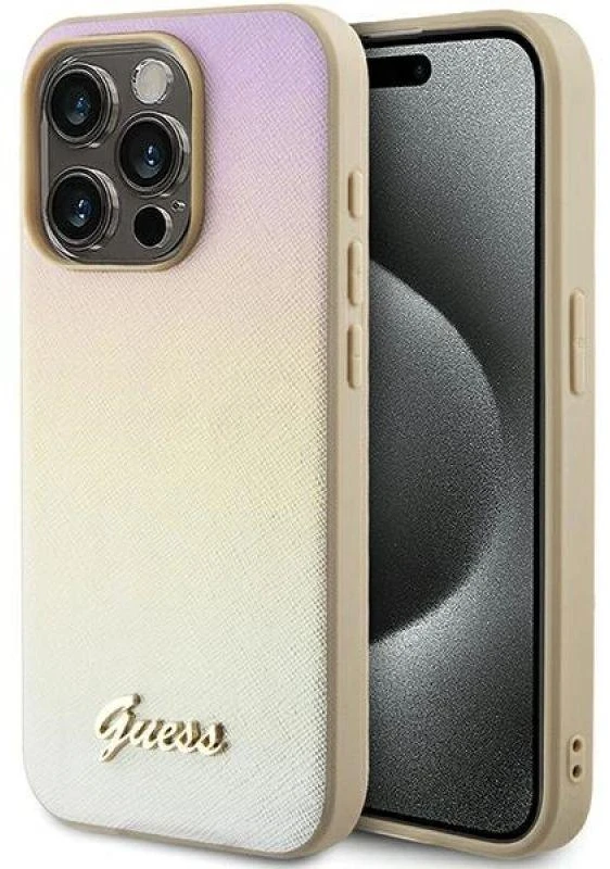 Guess GUHCP14LPSAIRSD Apple iPhone 14 Pro 6.1″ auksinis kietas dėklas Saffiano Iridescent Script