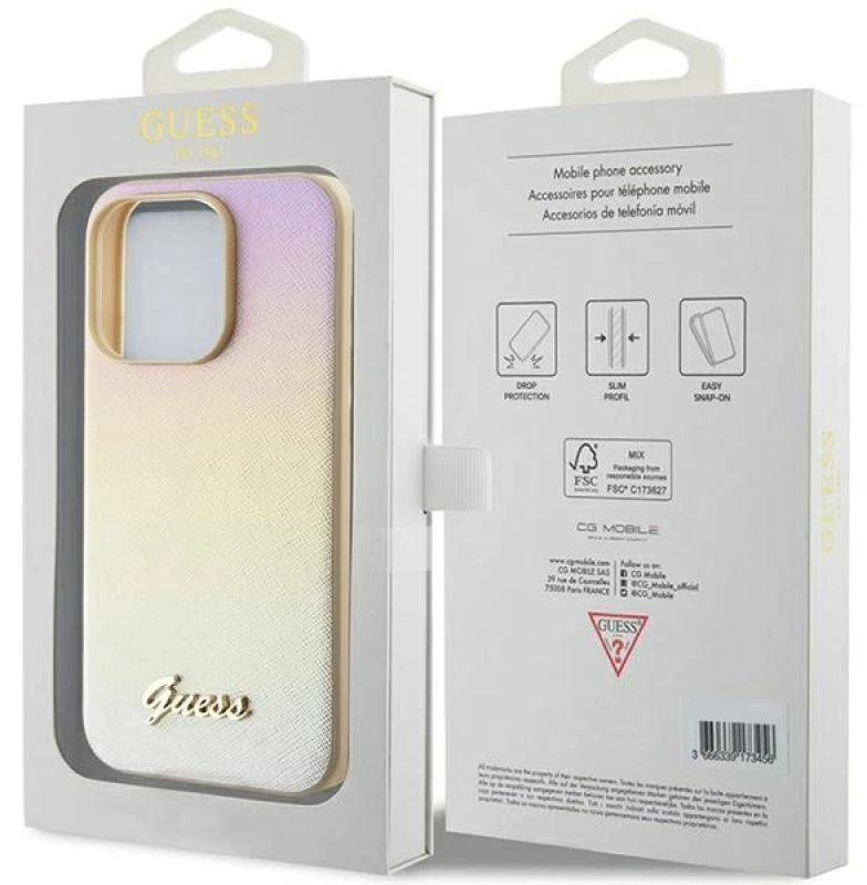 Guess GUHCP14LPSAIRSD Apple iPhone 14 Pro 6.1″ auksinis kietas dėklas Saffiano Iridescent Script