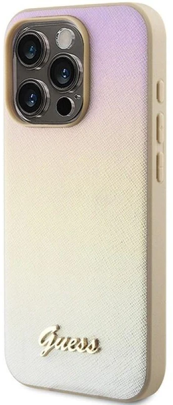 Guess GUHCP14LPSAIRSD Apple iPhone 14 Pro 6.1″ auksinis kietas dėklas Saffiano Iridescent Script