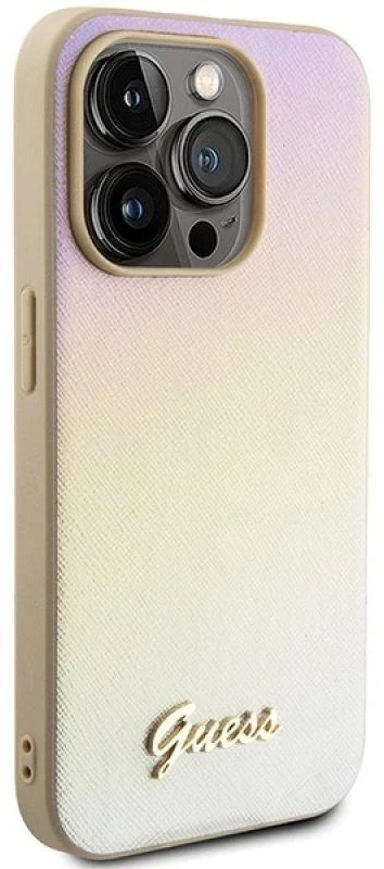 Guess GUHCP14LPSAIRSD Apple iPhone 14 Pro 6.1″ auksinis kietas dėklas Saffiano Iridescent Script