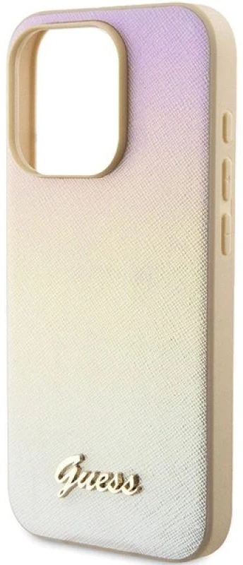 Guess GUHCP14LPSAIRSD Apple iPhone 14 Pro 6.1″ auksinis kietas dėklas Saffiano Iridescent Script