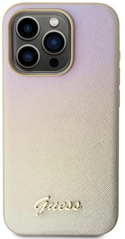 Guess GUHCP14LPSAIRSD Apple iPhone 14 Pro 6.1″ auksinis kietas dėklas Saffiano Iridescent Script