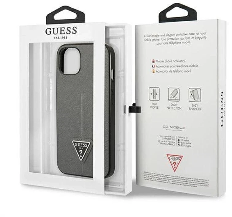 Guess GUHCP13MPSATLG Apple iPhone 13 / 14 / 15 6,1″ sidabrinis kietas dėklas SaffianoTriangle Logo