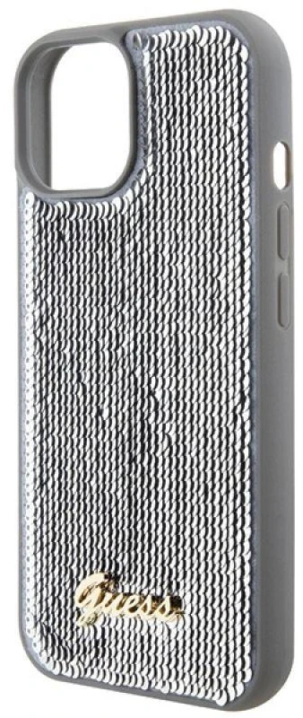 Guess GUHCP15SPSFDGSS Apple iPhone 15 / 14 / 13 6.1″ sidabrinis kietas dėklas Sequin Script Metal