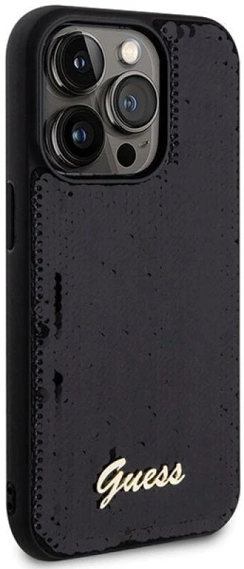 Guess GUHCP13LPSFDGSK Apple iPhone 13 Pro / 13 6.1″ juodos spalvos kietas dėklas Sequin Script Metal