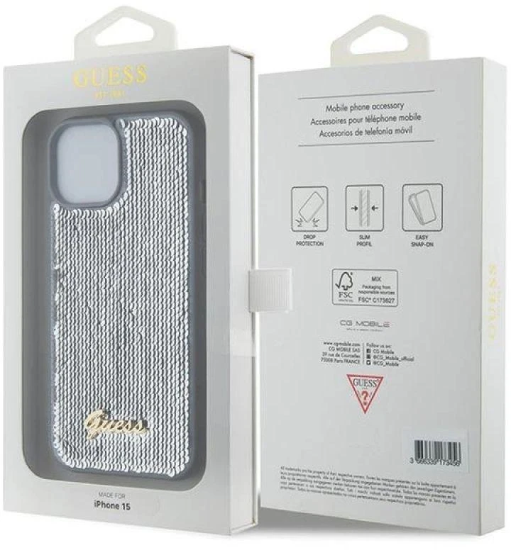Guess GUHCP15SPSFDGSS Apple iPhone 15 / 14 / 13 6.1″ sidabrinis kietas dėklas Sequin Script Metal