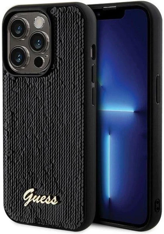 Guess GUHCP13LPSFDGSK Apple iPhone 13 Pro / 13 6.1″ juodos spalvos kietas dėklas Sequin Script Metal